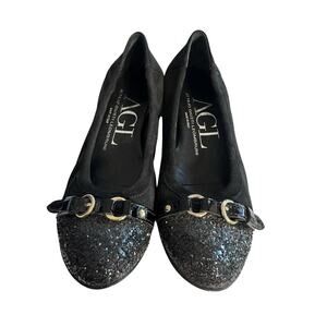 AGL Monika Cap Toe Glitter Ballet Flats 37.5 Black Italian Quiet Luxury Parisian